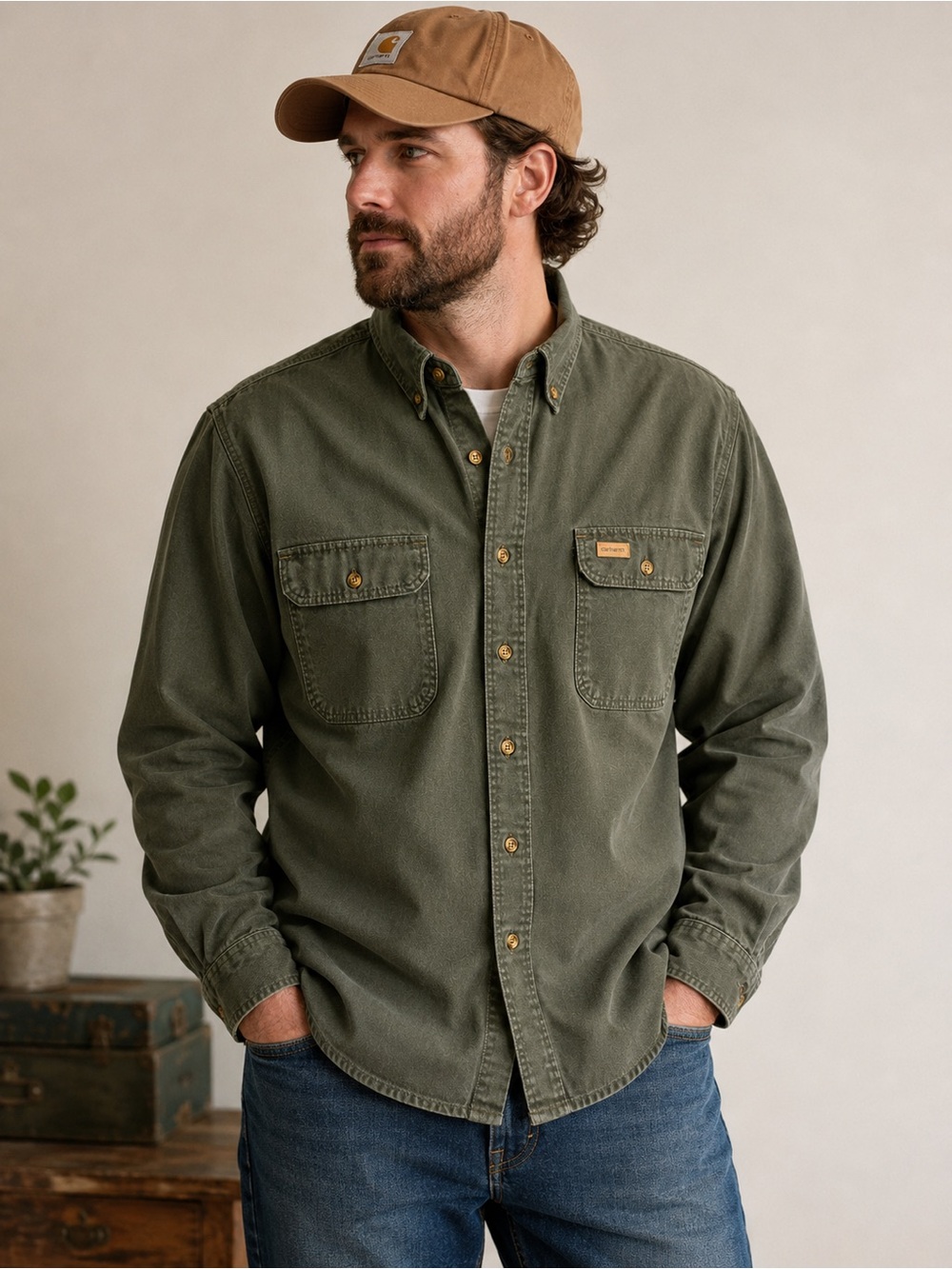Carhartt Original Fit Mens 2XL Tall Moss Green Button Front Work Shirt Utility